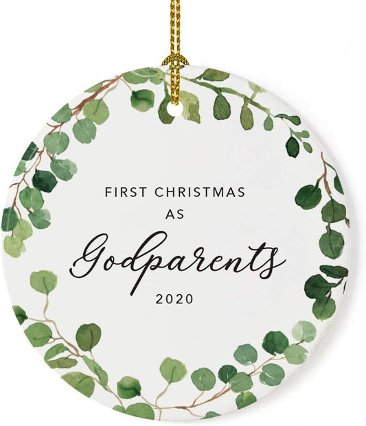 Andaz Press Custom Year Round Ceramic Porcelain Christmas Tree Ornament Keepsake Collectible Gift, First Christmas as Godparents 2025, Farmhouse Eucalyptus Wreath, 1-PackNew