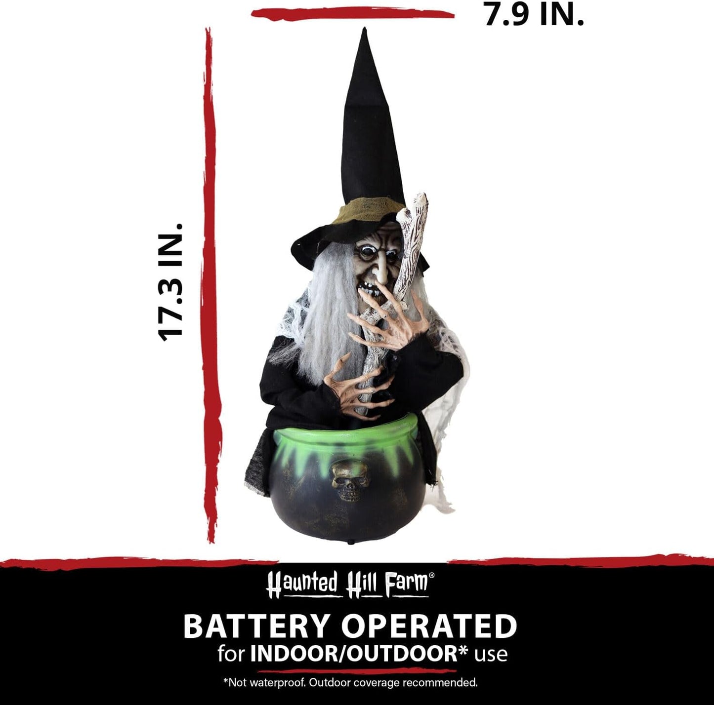 Haunted Hill Farm Scary Talking Witch with Cauldron Halloween Animatronic, Indoor or Covered Outdoor Halloween Decorations with Light up Eyes and Sound, Battery Operated Halloween Props for Home