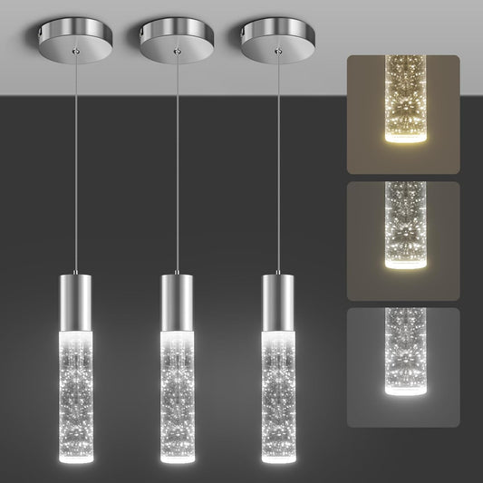 OKELI Modern Pendant Lights,3 Color LED Bubble Crystal Island Light Fixtures,Chrome Mini Pendant Lighting for Kitchen Island,Bar,6W,3000-6000K,ETL,3 Pack