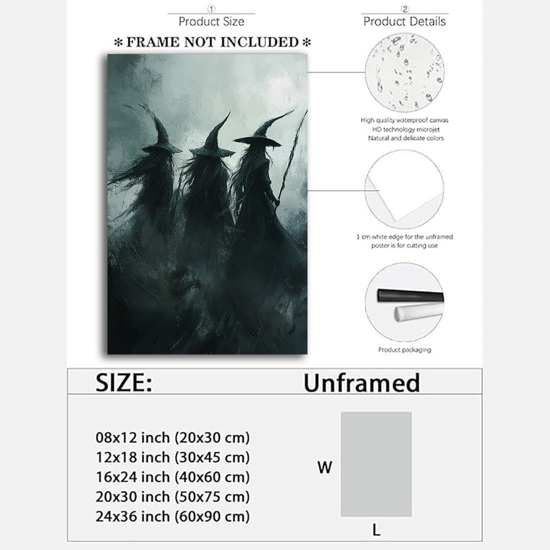 Gothic Witchs Horror Halloween Wall Art,Three Witches in Moody Forest Painting Wall Decor,Autumn Spooky Witches Forest Canvas Printing For Gallery Living Room Bedroom,24"x36" Unframed