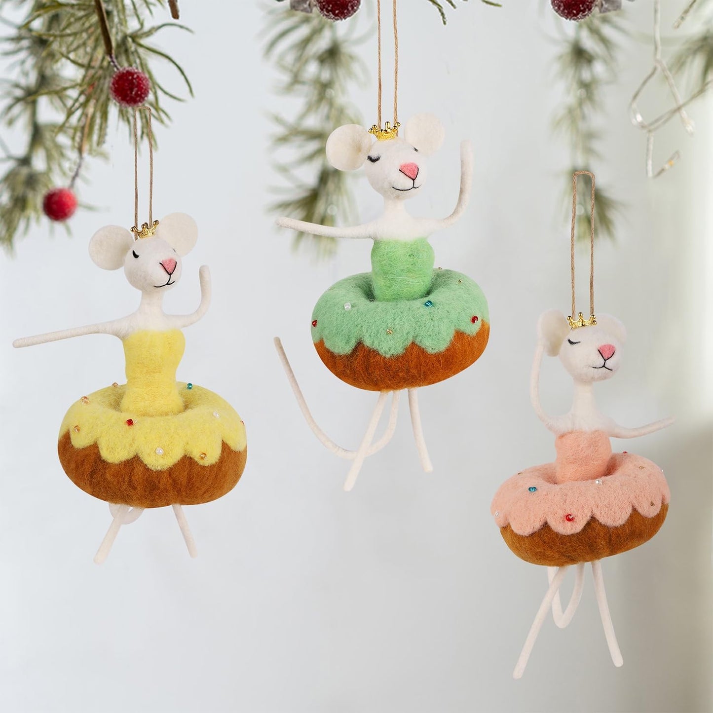 Set of 3 Christmas Felt Dancing Mice Ornaments, 6.7" Tall Hanging Wool Mouse Figurines with Donut Tutu Skirt, Tiered Tray Tabletop Decor, Xmas Tree Holiday Easter Gifts Home Office Party Supply