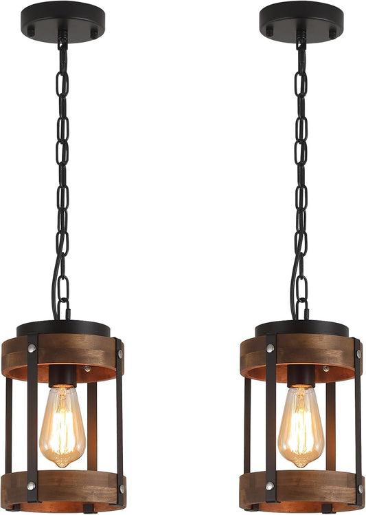 2 Pack Rustic Farmhouse Wood Pendant Light Fixture One-Light Adjustable Chain Oak Wood and Metal Drum Cage Small Pendant Lighting for Kitchen Island Sink Hallway Farmhouse Bathroom Bar, Black