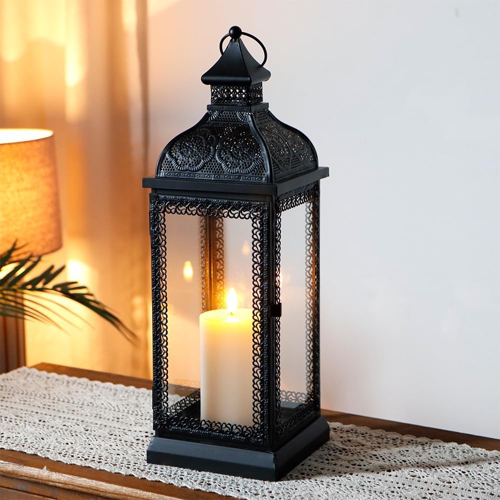 TRIROCKS Rustic Style Metal Candle Lantern 19'' High Decorative Hanging Lantern Candle Holder with Tempered Glass for Christmas Living Room Garden Yard Patio Parties Events Indoors Outdoors(Black)