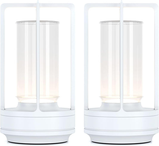 Portable Metal Table Lamp for Indoor/Outdoor ,Rechargeable Cordless LED Lamp, 3-Colour Infinitely Dimming Battery Powered Small Desk Lamp, Restaurant/Bedroom/Bar/Coffee/Camping Light (White Set of 2)