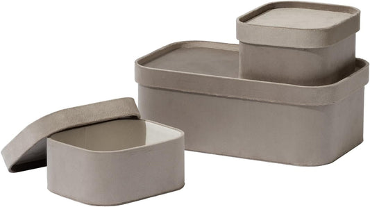 La Jolie Maison Velvet Storage Baskets with Lids, Sturdy Stackable Cardboard Boxes with Decorative Trays, Organizer Bins for Bathroom Bedroom Organizing, Taupe, Set of 3