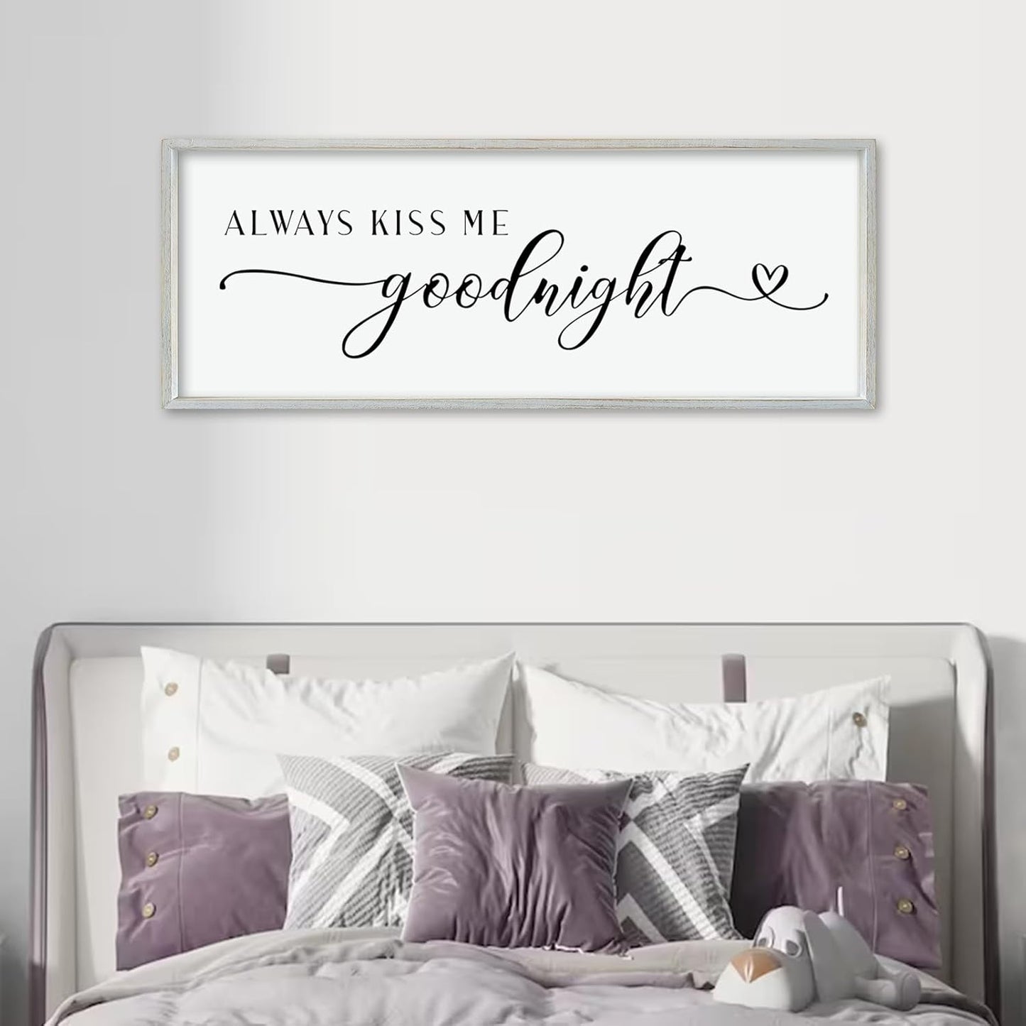 comurdyo Always Kiss Me Goodnight Sign for Bedroom Above bed Wall Decor 40''×15'' Large Wood Frame For Couples Over Bed Hanging Wall Art (White)