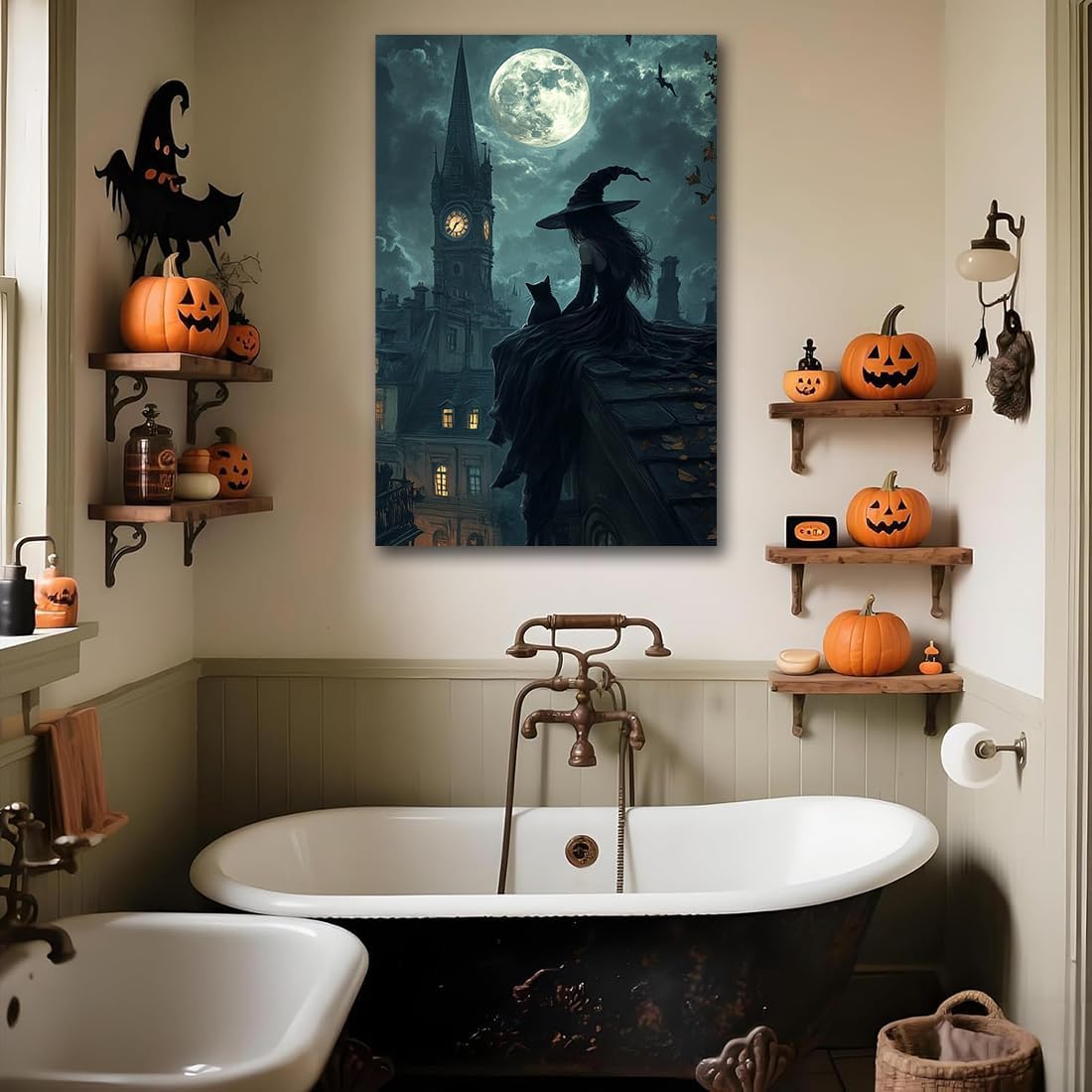 Halloween Witch Black Cat Wall Art,Magical Moon Witch on Roof with Black Cat at Night Scene Painting Haunting Dark Witches Canvas Print for Haunted House Party Decor Poster,24"x36" Unframed