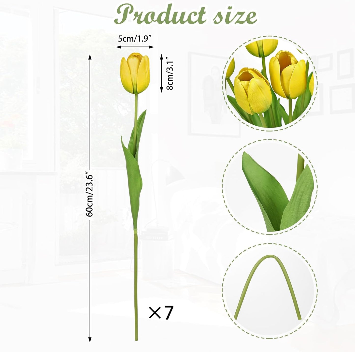 Artificial Tulips Flowers – 24" Long Stem Faux Tulips, 7PCS Real Touch Fake Yellow Tulip for Vase, Farmhouse, Kitchen, Spring & Wedding Home Decor