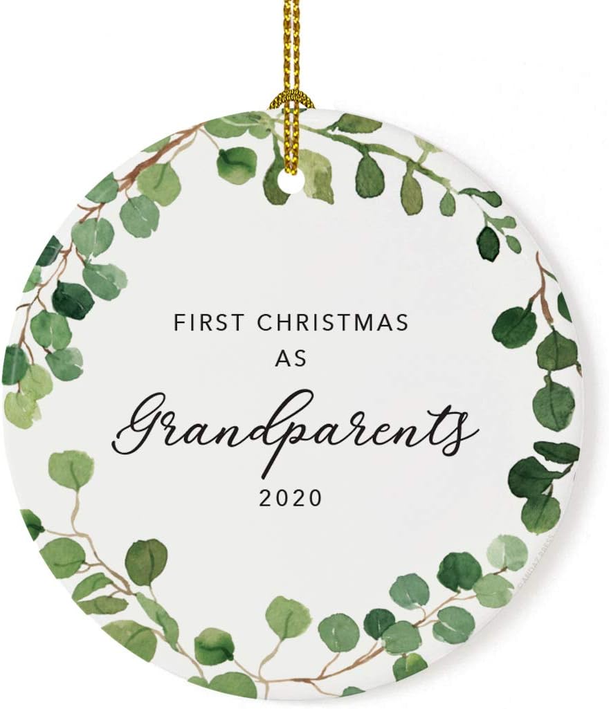 Andaz Press Custom Year Round Ceramic Porcelain Christmas Tree Ornament Keepsake Collectible Gift, First Christmas as Grandparents 2025, Farmhouse Eucalyptus Wreath, 1-PackNew