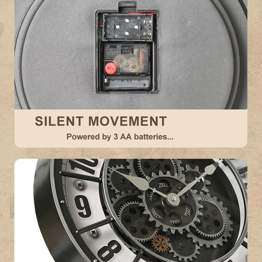 18 Inch Wall Clock with Moving Gears, Oversized Large Industrial Steampunk Decoration, Antique Metal Big Numeral Wall Clocks for Kitchen Study Room Living Room Decor (Industrial Metal Silver-White)