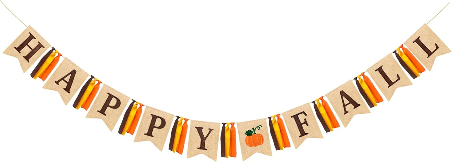 Happy Fall Pumpkin Burlap Pennant Banner Flag Felt Happy Fall Sign and Pumpkin Pattern with Fall Color Ribbon for Fall Autumn Harvest Thanksgiving Day Birthday Baby Shower Party Decorations Supplies