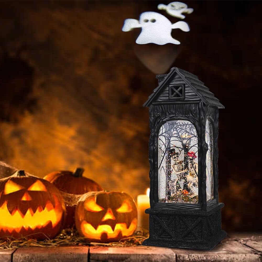 Eldnacele Halloween Ghost Projection Snow Globe Lantern with 6-Hour Timer, Lighted Plug-in & Battery Operated Water Glittering Snowing Globe Lamp for Spooky Fall Halloween Indoor Decoration(Skeleton)
