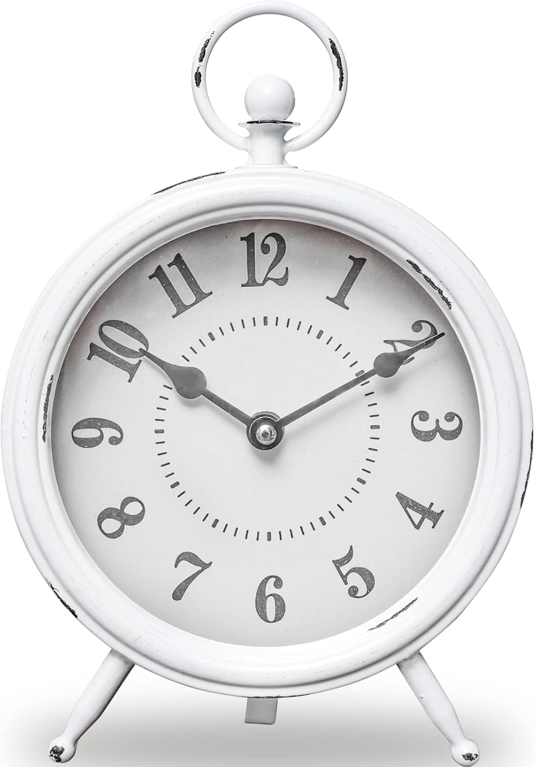 Vintage Rustic White Table Clock on Stand, Decorative Desk and Shelf Clock Farmhouse Mantel Clock Rustic Non-Ticking Clock