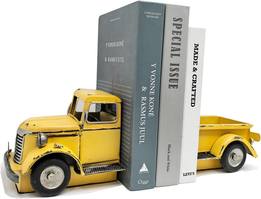 Decorative Book Ends Vintage Bookends: Metal Truck Book Stopper for Kid Books for Grandson Men Teen - Farmhouse Decor for Bookcase Shelf Table Coffee Bar Office Home Yellow
