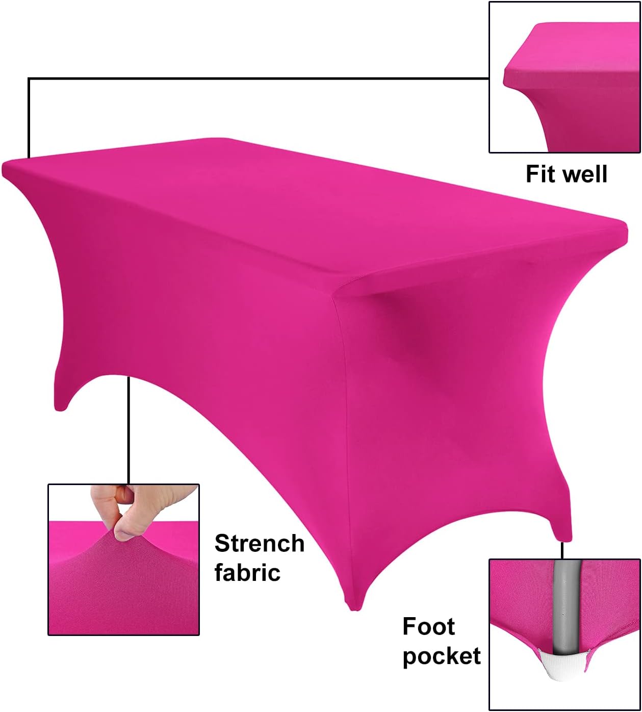 2Pack Spandex Waterproof Table Covers 6ft，Spandex 6ft Waterproof Table Cover for Party,Wedding, Banquet, and Events(Fuchsia)