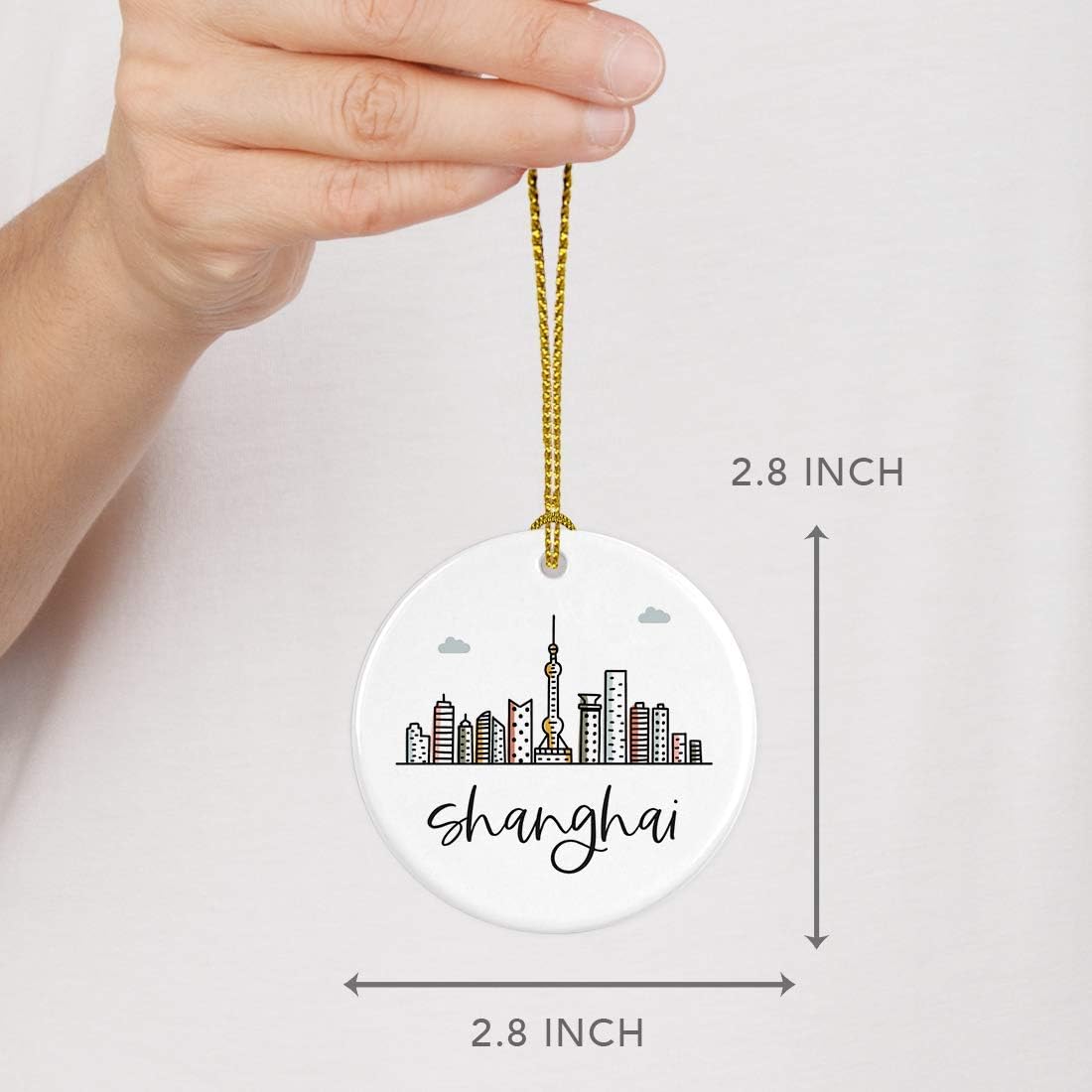 Andaz Press Round Ceramic Porcelain Christmas Tree Ornament Keepsake Gift, Shanghai, Colorful International City Skyline Graphic, 1-Pack, Birthday Ideas Family Coworker Him Her, Gift Box