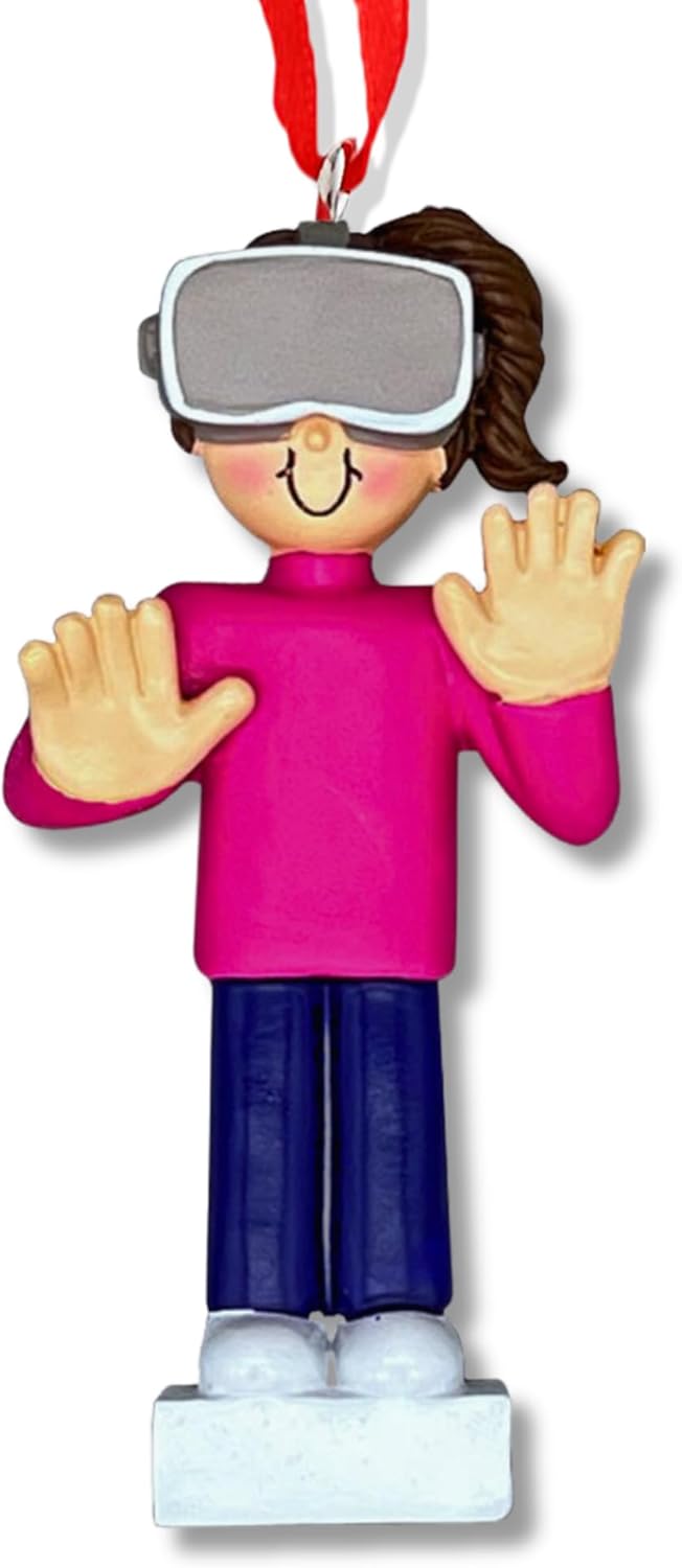 Ornaments by Elves - Personalized Virtual Reality Female Brunette Christmas Ornament - Unique Gift for Gamers Women Sisters - Tree Decoration, Birthday Office Party in a Giftable Packaging