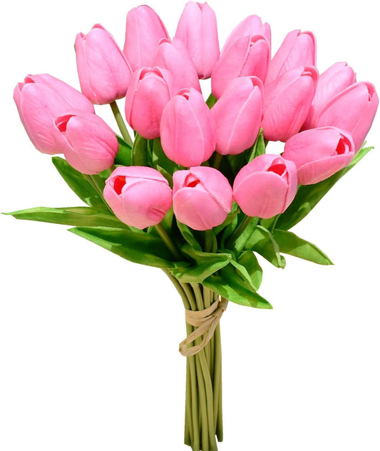 Mandy's Artificial Tulips 20 Stems Pink PU Faux Flowers for Wedding Home Decor 13.5 Inch
