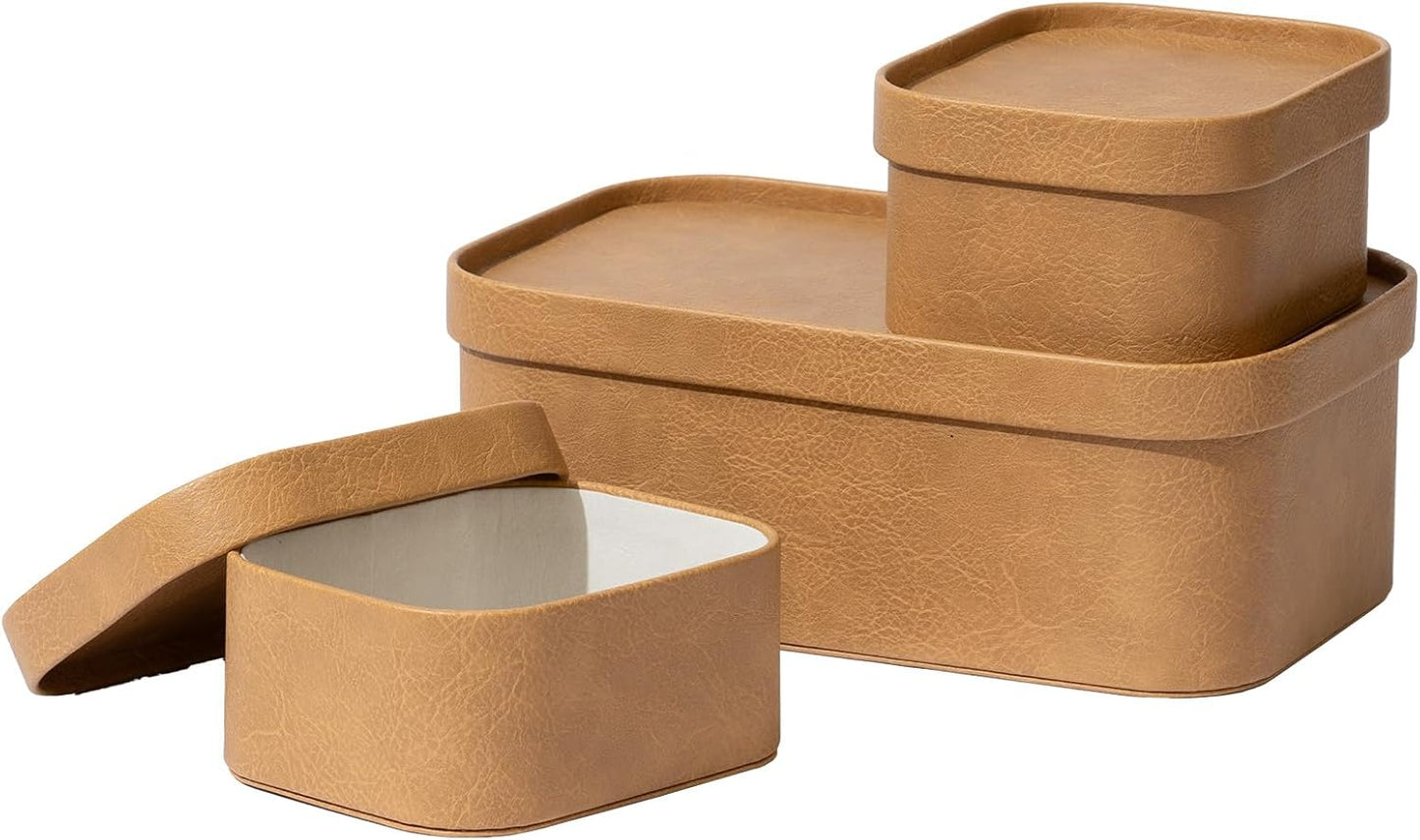 La Jolie Maison Vegan Leather Storage Boxes with Lids, Set of 3 Decorative Storage Containers Organize Stackable Storage Box, Camel