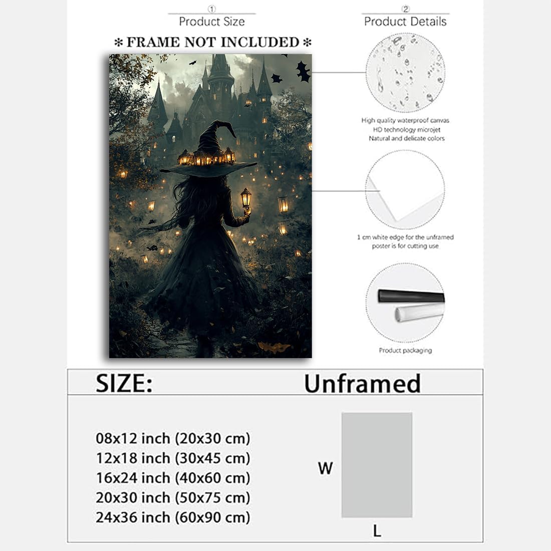 Halloween Witch and Haunted House Canvas Wall Art,Dark Academia Scary Witch Castle Posters Prints,Thriller Horror Gothic Wall Decor Pictures for Halloween Party House Decoration,24"x36" Unframed