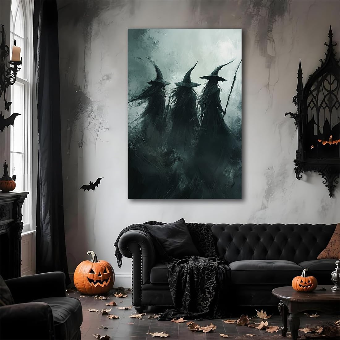 Gothic Witchs Horror Halloween Wall Art,Three Witches in Moody Forest Painting Wall Decor,Autumn Spooky Witches Forest Canvas Printing For Gallery Living Room Bedroom,16"x24" Unframed