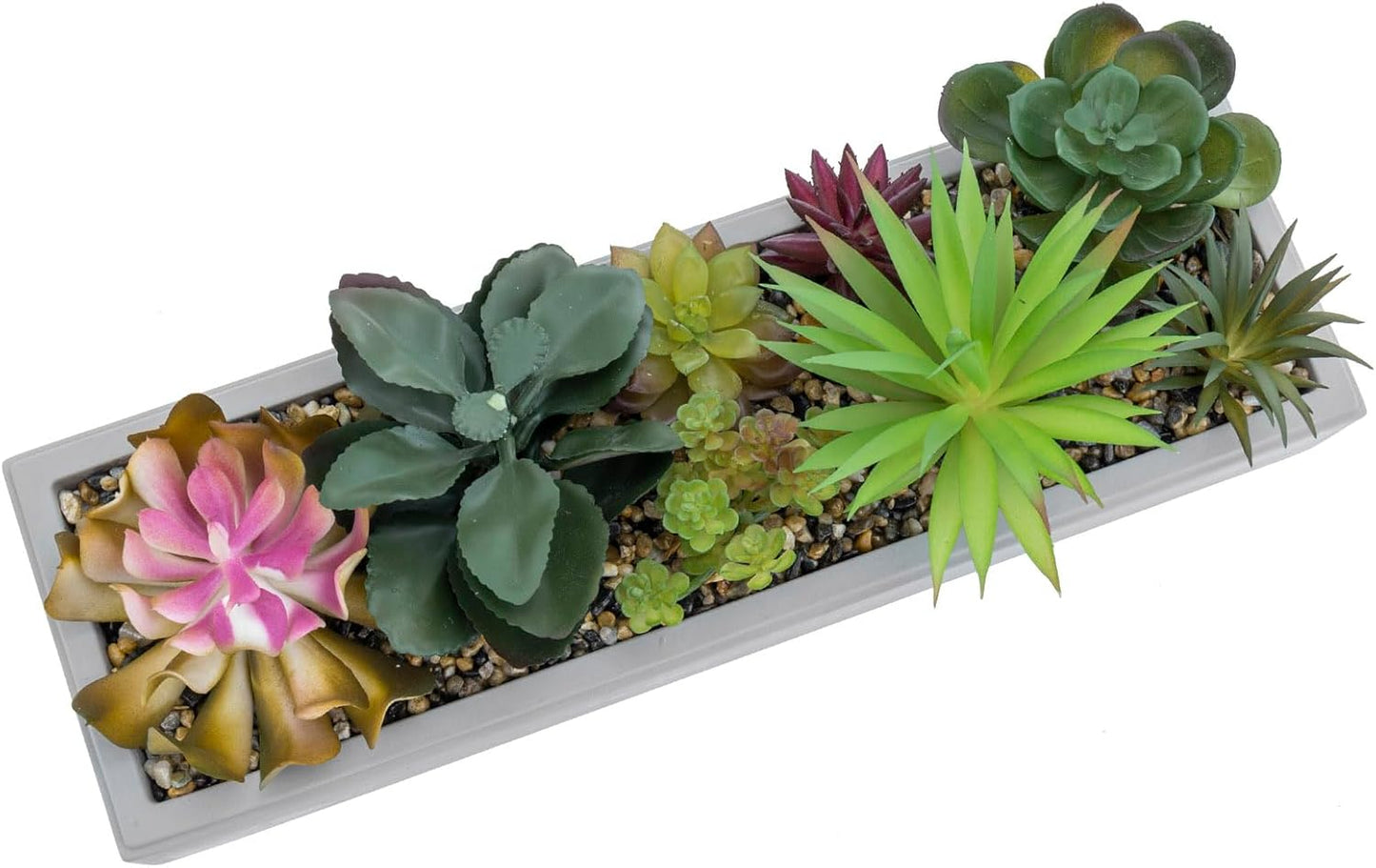 MyGift 15 Inch Mixed Color Assorted Artificial Succulent Plant Arrangement in Modern Gray Clay Planter Tray