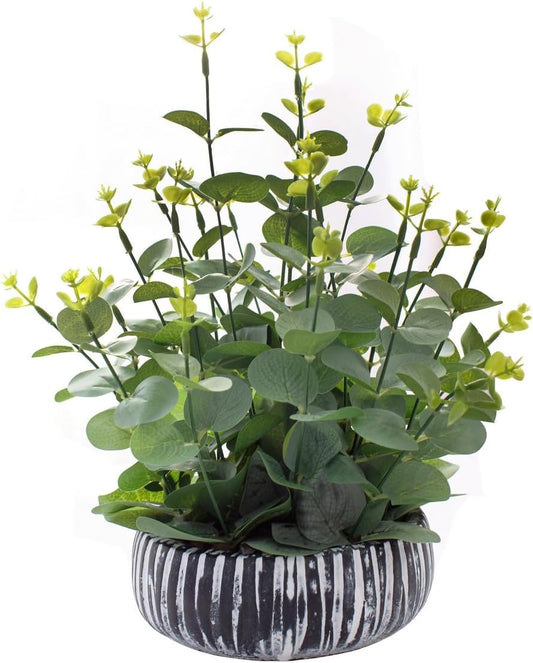 Artificial Plants Potted Real Looking Small Faux Plant with Rustic Black Cement Planter for Kitchen Office Desk Bookshelf Decor (Eucalyptus Plant)