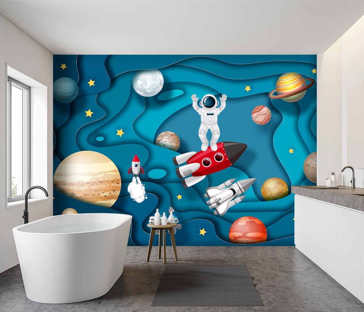 -Kindergarten Children Galactic Planet Fabric Wallpaper Living Room Bedroom Boys Girls Children Cartoon Astronauts Large Mural- 160"x108"（ not Peel and Stick）