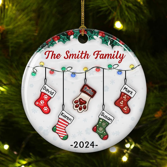 Stocking Personalized Family Christmas Ceramic Ornament 2025-3D Inflated Effect Custom Name Hanging Stock up to 10 Members, First Xmas as A Family Ornament Gifts (A04, 10 Names)
