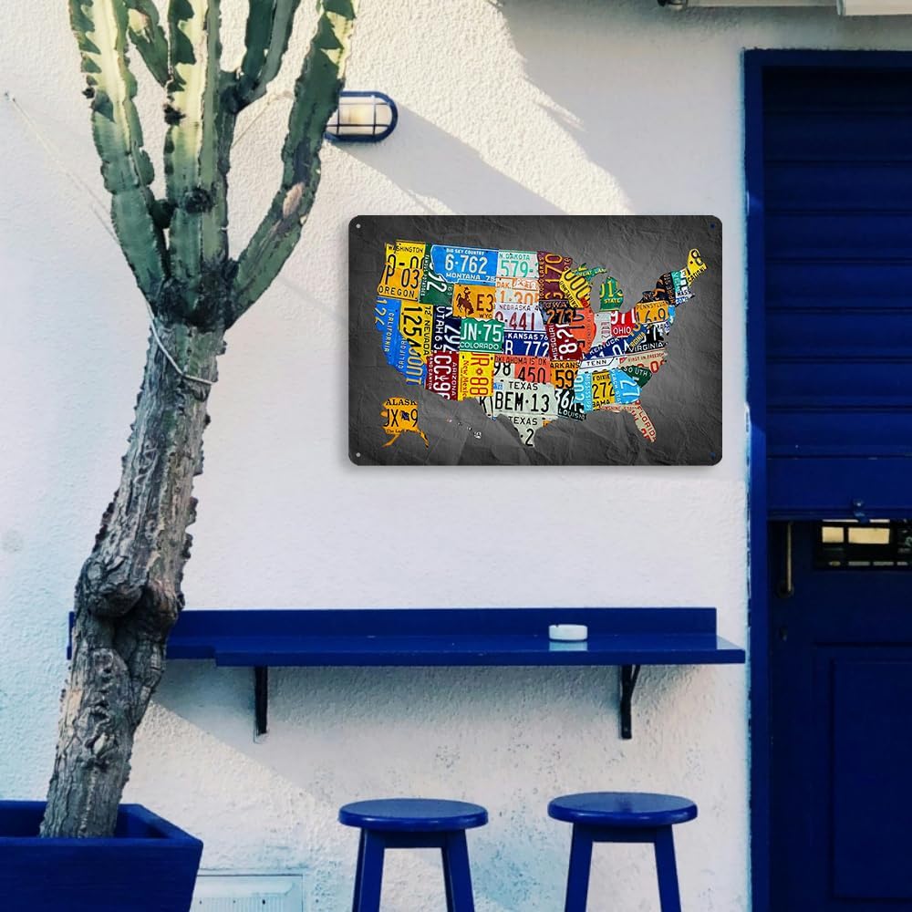 Funny Metal Tin Sign Vintage Usa Map License Plate Sign Garage Decor Map Poster License Plate Map Of The United States Usa Signs Garage Bar Home Office License Plate Decor