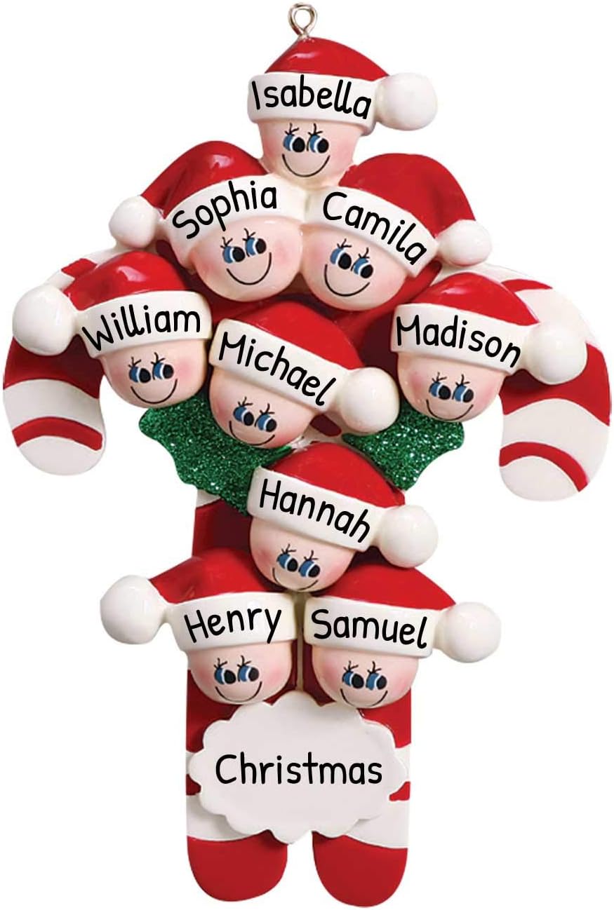 Candy Cane Family of 9 Ornament 2025 Personalized Family Christmas Ornaments 2025 | Holiday Keepsake Holly Berries Personalized Tree Ornaments for Grandchildren, Siblings & Grandkids of Nine Ornament