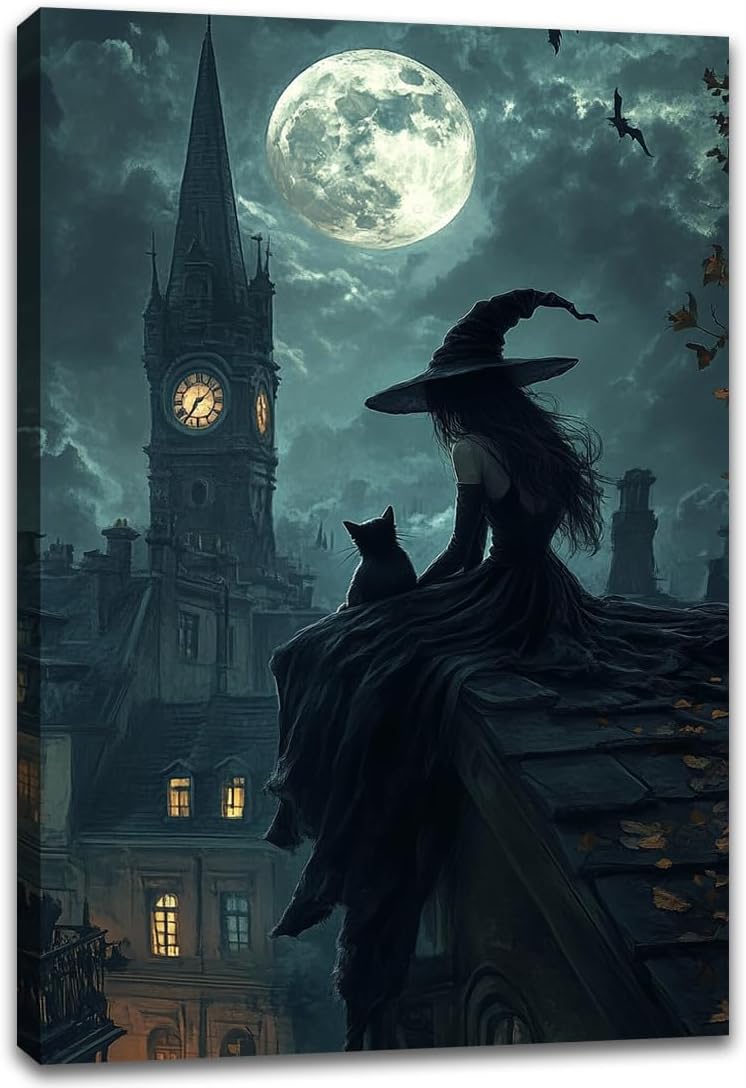 Halloween Witch Black Cat Wall Art,Magical Moon Witch on Roof with Black Cat at Night Scene Painting Haunting Dark Witches Canvas Print for Haunted House Party Decor Poster,12"x18" Framed