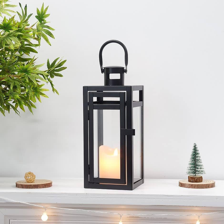 TRIROCKS Metal Candle Lantern 12'' High Decorative Outdoor Lantern Hanging Lantern with Tempered Glass for Christmas Home Decor Living Room Parties Events Tabletop Indoors Outdoors (Black Matte)