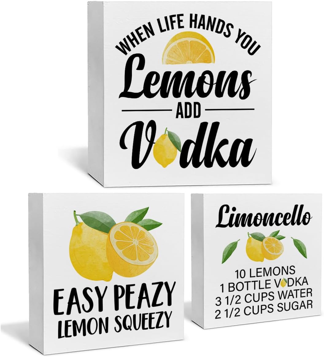 Summer Lemons Decor for Home Farmhouse Lemon Themed Tiered Tray Decor 3 Pcs Lemon Decorative Wood Box Signs Table Desk Shelf Kitchen Decoration