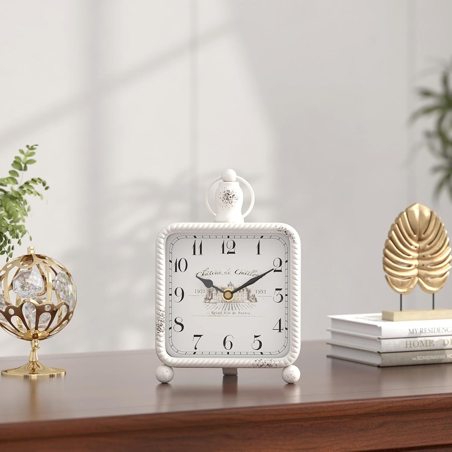 Vintage White Table Clock on Stand, Desk and Shelf Decor Clock, French Rustic Style Non-Ticking Mantel Clocks for Farmhouse, Living Room, Bedroom, Bedside, Gift (8.5" H x 5.5" W)