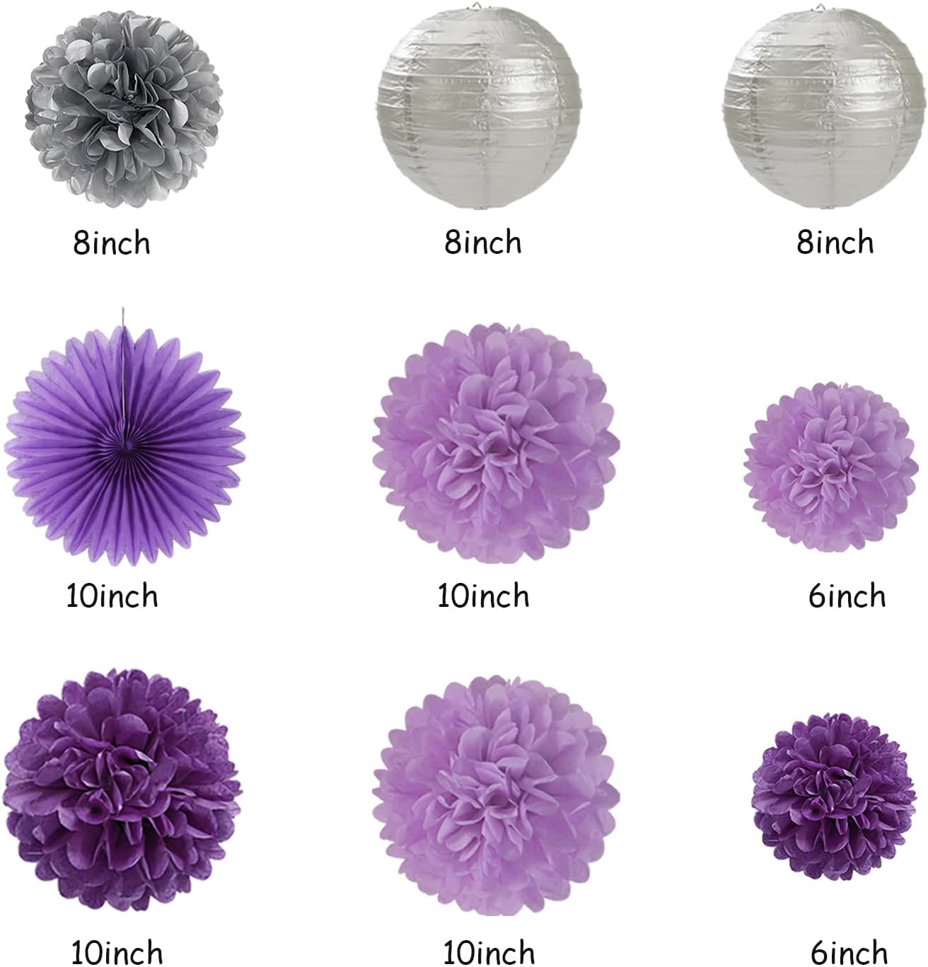 Purple Silver Birthday Party-Decorations Paper-Flowers - 14pcs Happy Banner Lavender Lanterns Tissue Pom Poms,Lilac Streamers Garland Fans,Women Girls Adult Kids Office Hanging Supplies Decor Hugfond