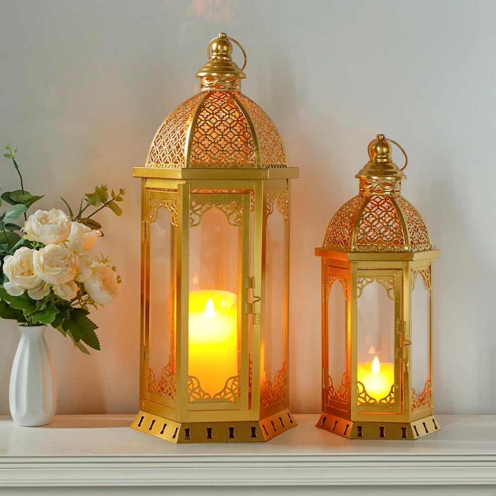 JHY DESIGN Set of 2 Outdoor Candle Lanterns 22"&17" H Decorative Vintage Metal Candle Holders for Garden Porch Indoor Outdoor Parties Weddings Patio Home Decor(Gold)