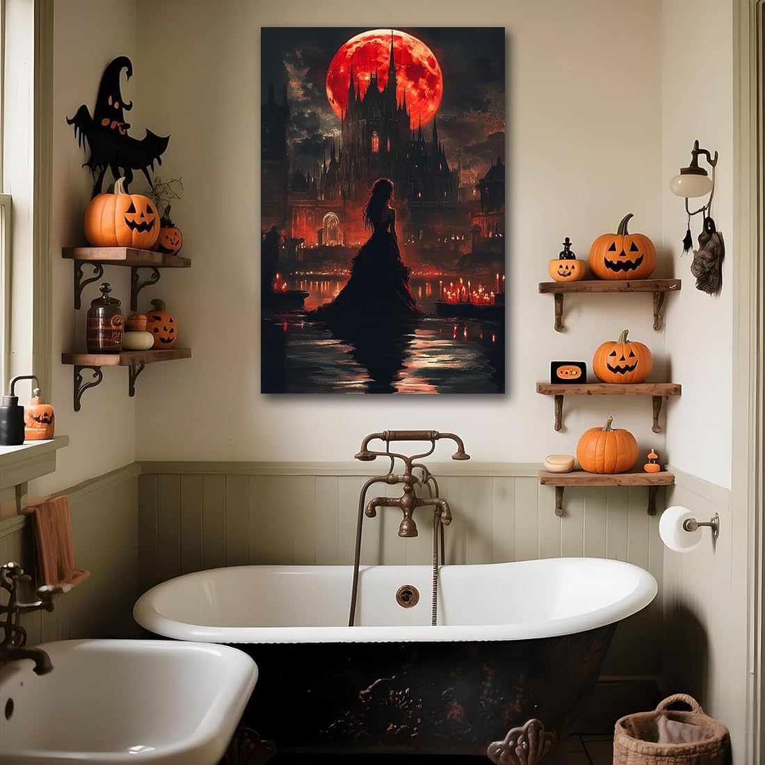 Halloween Witch Poster Canvas Prints Art Vintage Decor,Red Castle Blood Moon and Witch Scene Gothic Painting,Rustic Dark Academia Wall Art for Bathroom Spooky Living Room Wall Decor,20"x30" Framed