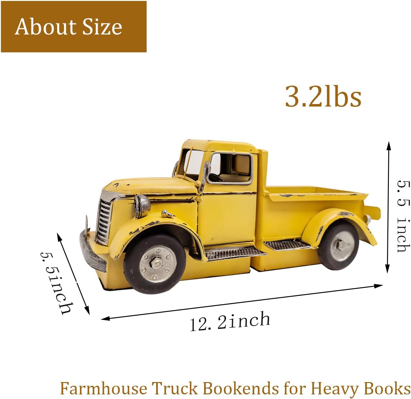 Decorative Book Ends Vintage Bookends: Metal Truck Book Stopper for Kid Books for Grandson Men Teen - Farmhouse Decor for Bookcase Shelf Table Coffee Bar Office Home Yellow