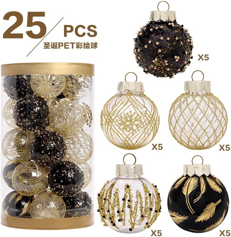 25PCS Christmas Ornaments Set, 2.36"/6CM Clear Plastic Shatterproof Christmas Ball Hanging Ornaments for Xmas Tree Decorations, for Indoor Home Party Holiday Decor - Black/Gold.