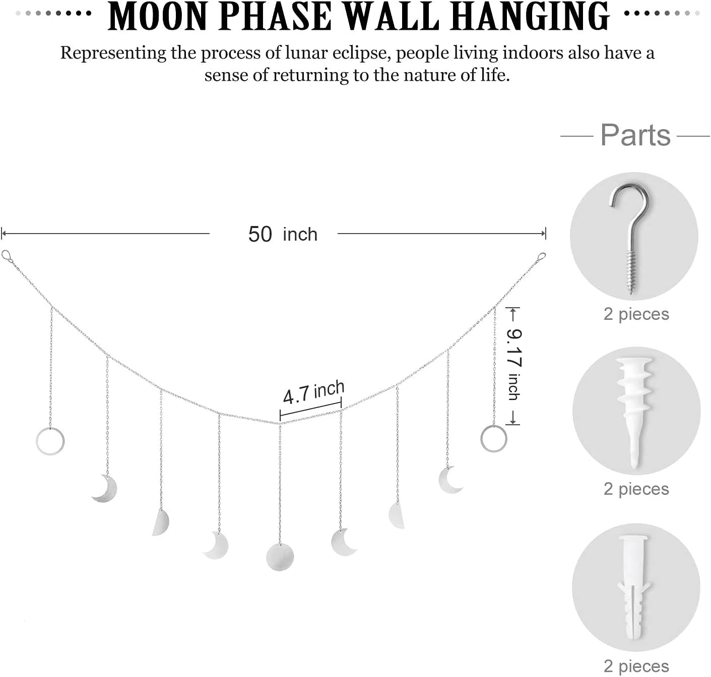 Mkono Moon Phase Wall Hanging Boho Aesthetic Room Decor Metal Moons Garland Hanging Art Bohemian Home Decoration for Girls Room Nursery Bedroom Livingroom Dorm, Ideal, Silver, 50"