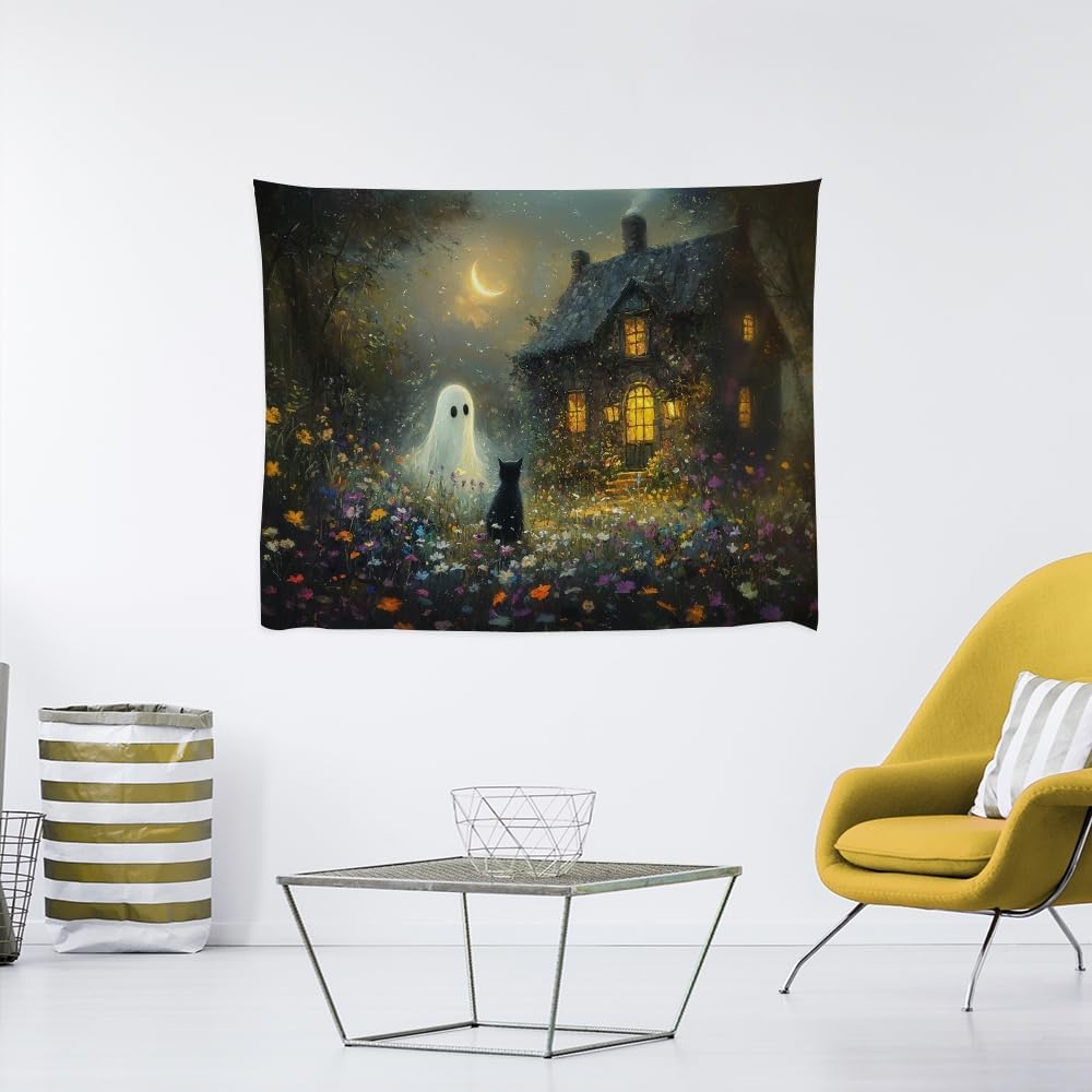 Halloween Black Cat and Ghost Tapestry Wall Hanging for Spooky Cute Bedroom Decor Dark Academia Moon Wildflower Cottage Tapestries Aesthetic for Home Living Room Decoration 30x40inch
