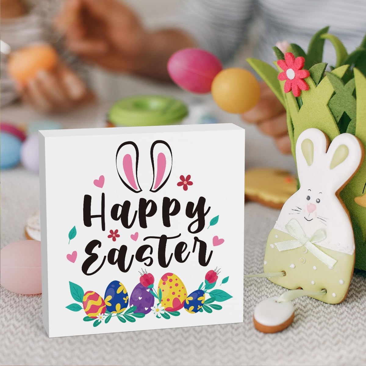 Rustic Farmhouse Bunny Easter Decorations Country Home Office Desk Decor Happy Easter Sign Cubicle Shelf Tabletop Tiered Tray Decor Gifts for Women 5 X 5 Inch