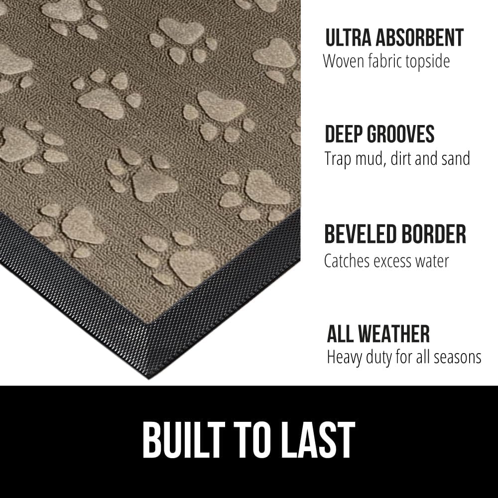 GORILLA GRIP 100% Waterproof All-Season WeatherMax Doormat US Designed Natural Rubber, Stain and Fade Resistant, Low Profile Indoor Outdoor Door Mats, Easy Clean Patio Mat, 17x29, Tan Pawprints