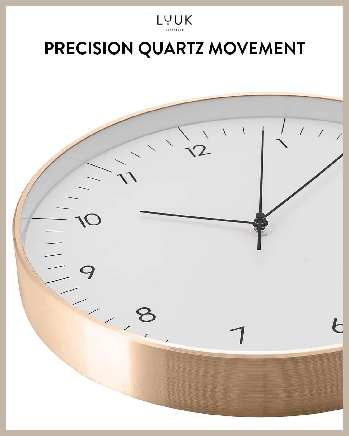 LUUK LIFESTYLE Silent Quartz Wall Clock, Nordic and Minimalist Design, Interior Decoration for Living Room, Kitchen, Bedroom, White and Gold