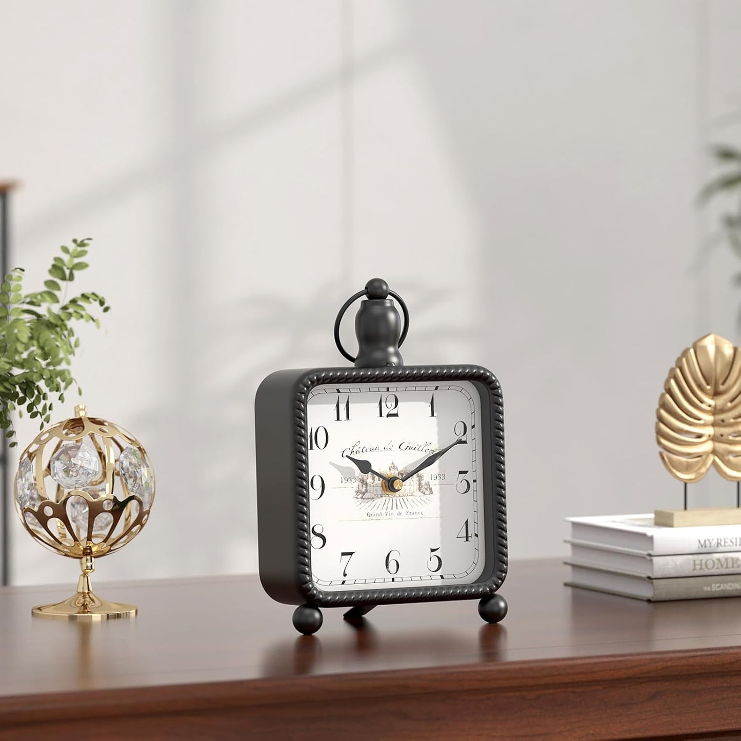 Vintage Black Table Clock on Stand, Desk and Shelf Decor Clock, French Rustic Style Non-Ticking Mantel Clocks for Farmhouse, Living Room, Bedroom, Bedside, Gift (8.5" H x 5.5" W)