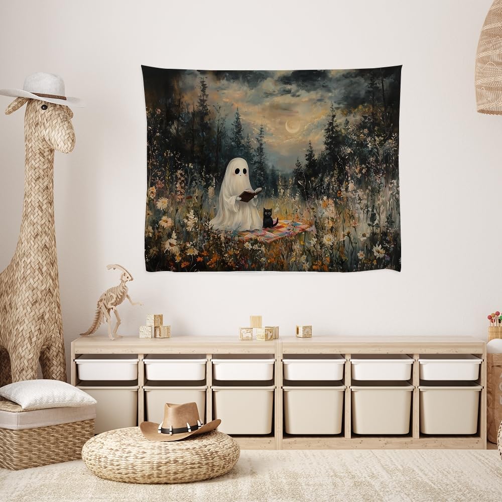 Halloween Ghost and Black Cat Tapestry Wall Hanging Spooky Ghos Reading Book in Wildflowers Wall Decor Halloween Witchy Room Aesthetic Tapestries for Goth Living Room Bedroom Decoration 30x40inch