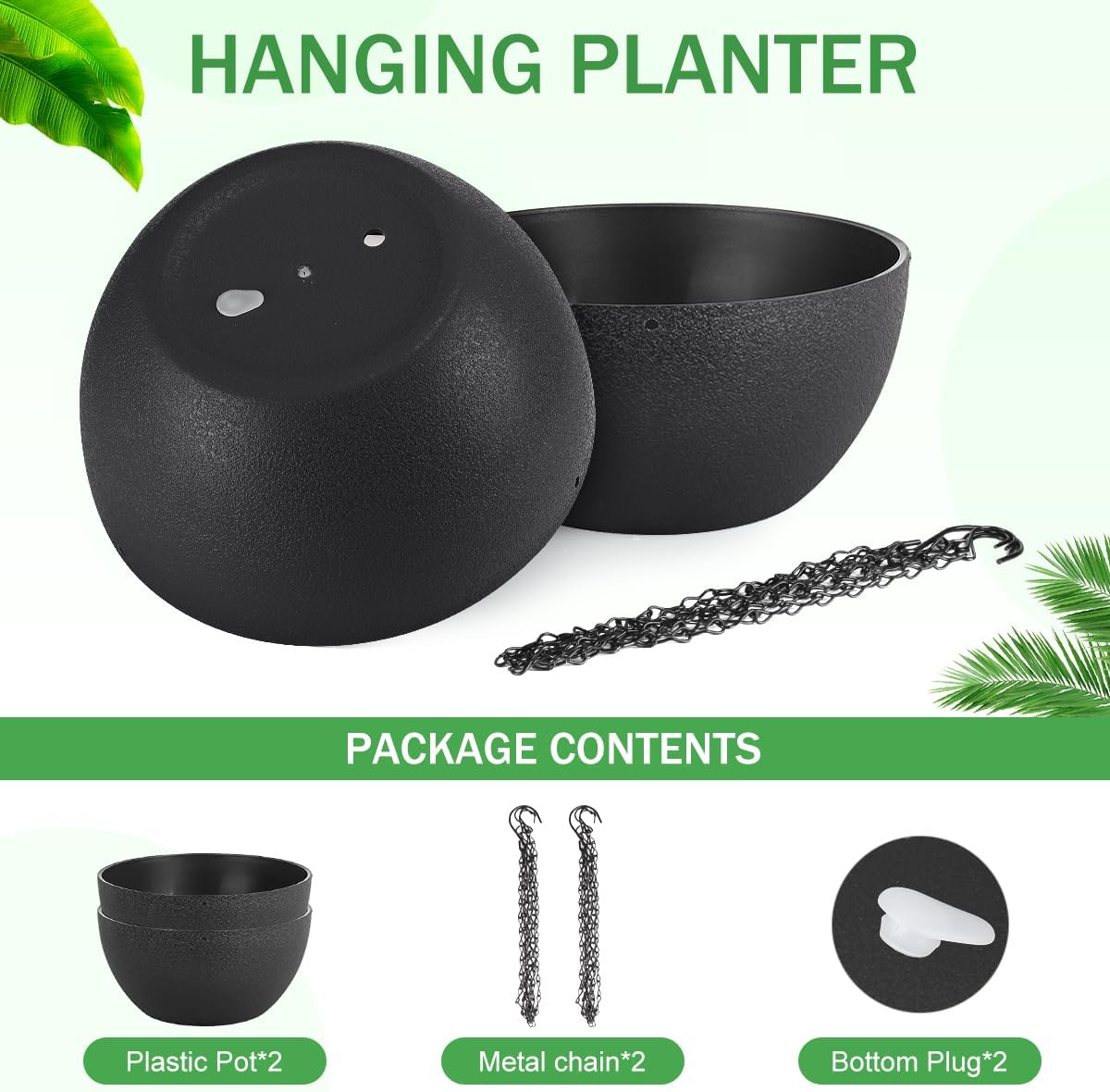 12 inch Hanging Planters for Indoor Plants, 2 Pack Planters for Outdoor Plants with Drainage Holes and Chain, Round Plastic Hanging Baskets, Hanging Flower Pots for Balcony Garden Decor-Black