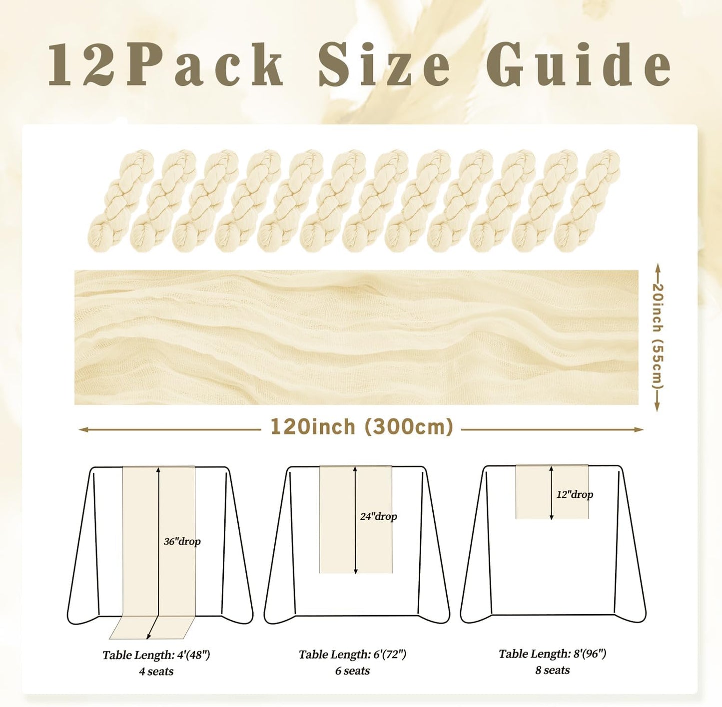 10FT 12 Pack Beige Cheesecloth Table Runner 20 x 120 Inch Long Rustic Gauze Fabric Cheese Cloth Table Runner for Wedding Bridal Baby Shower Table Decorations Boho Sheer Birthday Party Table Decor