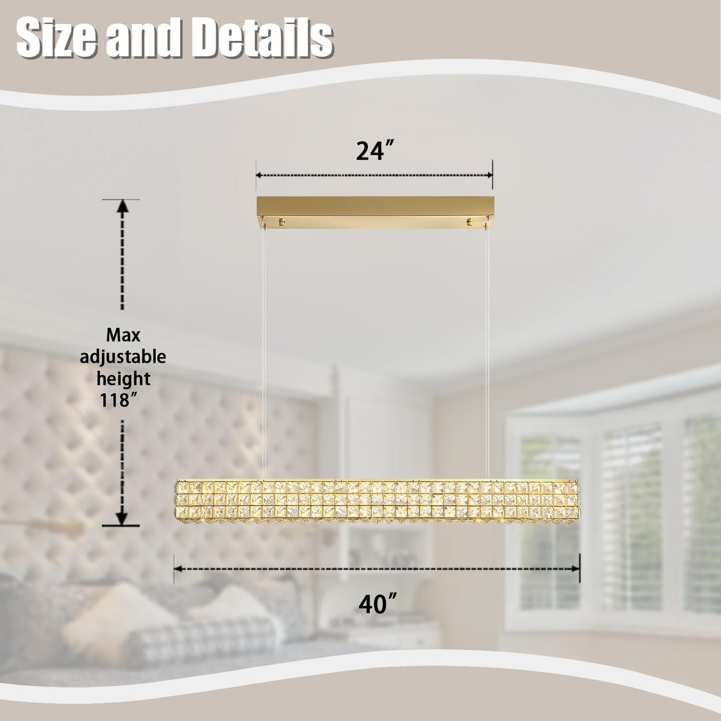 Rectangle Crystal Chandelier Modern Gold Crystal Chandelier Rectangular Pendant Lighting Fixture for Dining Room Kitchen Island Bedroom (L 40")